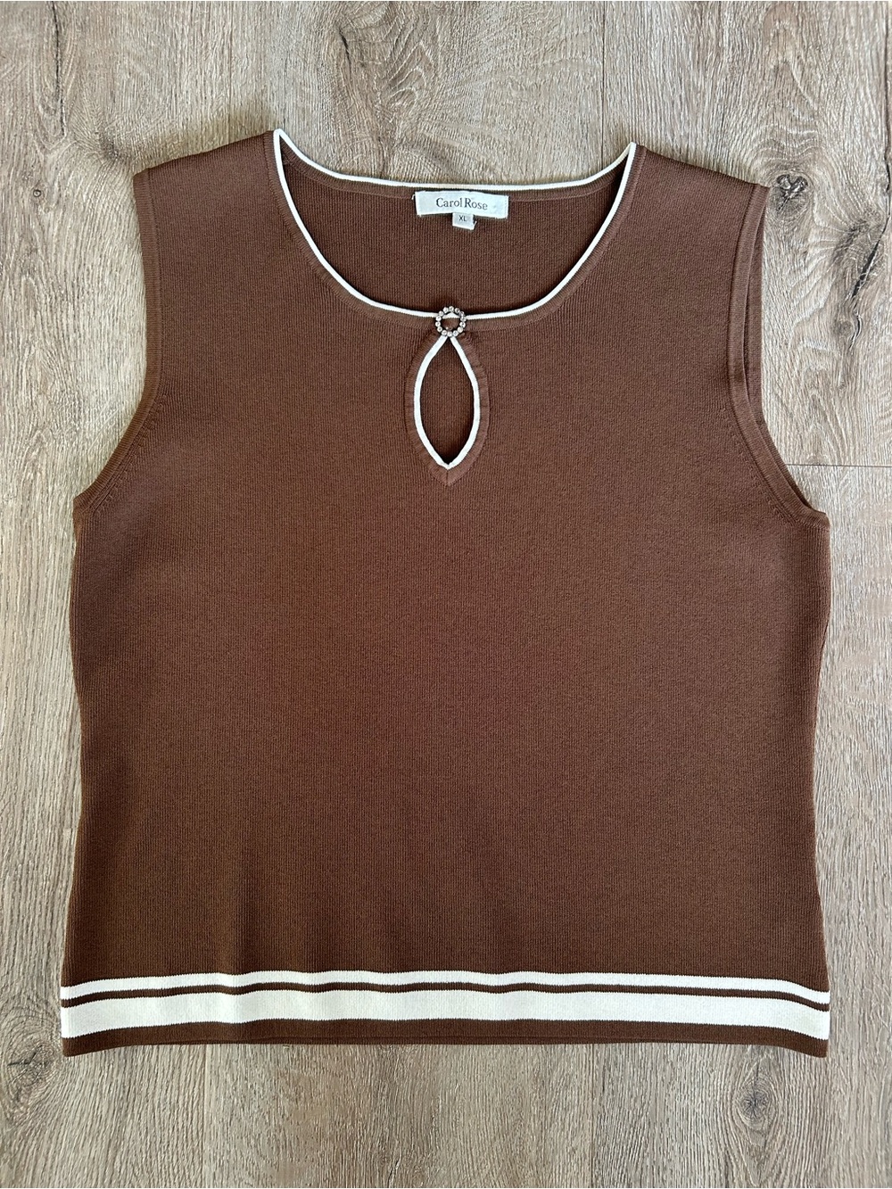 Vtg Carol Rose Brown Tank Top with Cream Trim and Keyhole Ring